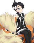  arcanine black_hair blue_eyes bow gen_1_pokemon gothic_lolita hair_bow lolita_fashion mai_(pokemon) ni-jo pantyhose pokemon pokemon_(creature) pokemon_(game) pokemon_dppt sitting 