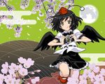  1girl :q black_hair black_wings camera egasumi flower geta hat looking_at_viewer moon shameimaru_aya short_hair skirt smile solo tengu-geta tokin_hat tongue tongue_out touhou tsukimido wings 