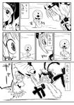  animal_ears biting cat_ears cat_tail chen comic greyscale hat karakasa_obake monochrome multiple_girls multiple_tails short_hair sonson_(eleven) tail tatara_kogasa tears tongue touhou translated umbrella 