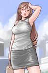  armpits bag bare_shoulders blush breasts casual handbag heterochromia large_breasts long_hair older pencil_skirt rozen_maiden skirt solo suiseiseki sweat tsuda_nanafushi 