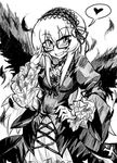  adjusting_eyewear dress face frills glasses greyscale grin hairband heart long_hair monochrome naui_kudan rozen_maiden smile solo suigintou wings 