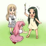  blonde_hair chibi crossover dress eyebrows injury k-on! kotobuki_tsumugi long_hair lucky_star multiple_girls scrape stick supon suzumiya_haruhi_no_yuuutsu takara_miyuki tsuruya very_long_hair 