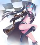  :o aqua_eyes bad_id bad_pixiv_id belt bikini_top black_hair black_rock_shooter black_rock_shooter_(character) boots breasts burning_eye chain checkered front-tie_top gloves glowing glowing_eyes jacket knee_boots long_hair looking_at_viewer medium_breasts midriff nnyu scar short_shorts shorts solo star stitches twintails underboob uneven_twintails very_long_hair zipper 