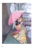  absurdres child copyright_request denim denim_shorts dog highres rain shorts sitting solo takamichi umbrella 