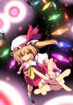  blonde_hair danmaku flandre_scarlet foreshortening hands hat one_side_up outstretched_arm outstretched_hand red_eyes serious solo suna_(sunaipu) touhou wings wrist_cuffs 