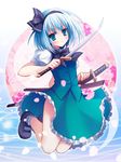  aqua_eyes bad_id bad_pixiv_id black_hairband blue_hair hairband hitodama jumping konpaku_youmu konpaku_youmu_(ghost) petals rie_(reverie) solo sword touhou weapon 