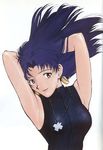  absurdres armpits arms_behind_head arms_up artist_request blue_hair brown_eyes cross earrings highres jewelry katsuragi_misato long_hair necklace neon_genesis_evangelion official_art scan solo 