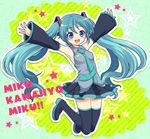 aqua_eyes aqua_hair detached_sleeves hatsune_miku long_hair mochiya_marosuke necktie outstretched_arms solo spread_arms thighhighs twintails vocaloid 