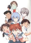  4boys absurdres aida_kensuke ayanami_rei blue_eyes blue_hair brown_eyes brown_hair camcorder everyone food freckles glasses highres horaki_hikari ikari_shinji morioka_hideyuki multiple_boys multiple_girls nagisa_kaworu neon_genesis_evangelion official_art open_mouth red_eyes red_hair scan school_uniform short_hair silver_hair smile souryuu_asuka_langley suzuhara_touji takoyaki twintails v 