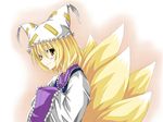  animal_ears bad_id bad_pixiv_id blonde_hair blush fox_tail hands_in_opposite_sleeves hat long_sleeves multiple_tails pillow_hat shiren_(monochrome_structure) short_hair smile solo tail tassel touhou wide_sleeves yakumo_ran 