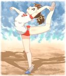  arched_back ballet brown_eyes brown_hair buruma chunpai gym_uniform hirasawa_ui k-on! leg_up ponytail short_hair solo 