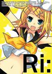 bad_id bad_pixiv_id blonde_hair blue_eyes hair_ornament hairclip headset kagamine_rin midriff navel open_mouth outstretched_arms short_hair smile solo spread_arms tamura_hiro treble_clef vocaloid 