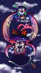  anomalocaris bad_id bad_pixiv_id blue_hair bow cloud crazy_eyes eyes flying food fruit grin hat highres hinanawi_tenshi horror_(theme) multiple_girls nagae_iku ninomae peach prehistoric_animal smile touhou 