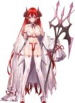  1girl absurdly_long_hair armpit_crease ass_visible_through_thighs bare_shoulders black_horns blush boots bra breasts cleavage closed_mouth cupless_bra curved_horns demon_girl detached_collar earrings evertale frilled_armlet garter_straps groin hair_between_eyes high_heel_boots high_heels highres holding holding_pitchfork holding_polearm holding_weapon horns jewelry lace_collar linea_alba long_hair looking_at_viewer medium_breasts navel neck_ribbon official_art open_clothes open_robe pitchfork pointy_ears polearm popqn red_eyes red_garter_belt red_hair red_ribbon red_thong revealing_clothes ribbon robe satan_(evertale) shiny_skin skindentation solo sparks standing striped_clothes striped_thighhighs thigh_boots thighhighs trident underwear vertical-striped_clothes vertical-striped_thighhighs very_long_hair weapon white_bra white_garter_straps white_robe white_thighhighs 