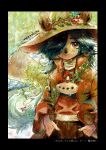  animal_ears black_border black_hair border brown_coat brown_hat brown_pants coat commentary_request cowboy_shot fantasy_life hair_over_one_eye hands_in_pockets hat highres instrument k_no_hito long_hair long_sleeves looking_at_viewer male_focus ocarina pants pino_(fantasy_life) plant red_eyes red_shirt scarf shirt smile solo translation_request vines water_drop 
