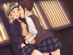  2girls ariu_aki black_jacket blonde_hair blue_skirt blush brown_eyes brown_sweater_vest closed_mouth collared_shirt eye_contact game_cg hair_bun hairband hand_on_another&#039;s_neck hand_on_another&#039;s_waist indoors jacket koba_youka leg_between_thighs long_sleeves looking_at_another multiple_girls non-web_source okujou_no_yurirei-san open_clothes open_jacket open_mouth pe88y_(yu_tsugirls) plaid_clothes plaid_skirt pleated_skirt shirt skirt smile sweatdrop sweater_vest white_shirt yellow_shirt yuri 