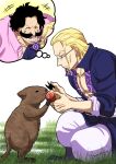  2boys aged_down black_hair blonde_hair collarbone facial_hair feeding_animal glasses goatee gol_d._roger highres image_in_thought_bubble multiple_boys musasabiop mustache one_piece pectorals quokka round_eyewear short_hair silvers_rayleigh thick_mustache 