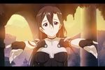  banned_artist black_hair breasts cleavage fingerless_gloves genderswap genderswap_(mtf) gloves kirito kirito_(sao-ggo) long_hair medium_breasts outstretched_arms red_eyes solo sword_art_online viola_(seed) 