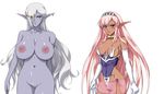  2girls areola_slip areolae artist_request blue_skin breasts censored clothed_female_nude_female dark_elf dark_skin elf elf_hime_nina female game_cg hair_over_one_eye huge_breasts medium_breasts miriya multiple_girls nina_asuraato_uinviria nipples nude pink_hair pointy_ears puffy_nipples simple_background white_background white_hair zundarepon 