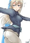  :o arched_back artist_name ass blonde_hair blue_eyes blush breasts eila_ilmatar_juutilainen highres ichigai_(hayawossan) long_hair long_sleeves looking_away medium_breasts military military_uniform open_mouth outstretched_arms pantyhose simple_background solo strike_witches text_focus uniform white_background white_legwear world_witches_series 