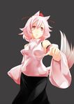  animal_ears bare_shoulders black_background blush breasts detached_sleeves hat inubashiri_momiji looking_up medium_breasts pom_pom_(clothes) red_eyes short_hair silver_hair simple_background solo sorato_jun tail tokin_hat touhou wolf_ears wolf_tail 