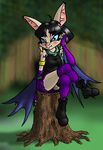 bat black_hair blush boots dachimotsu_ flying_fox forest ghost_bat hair hybrid mammal scarf schoolgirl shade_(character) sitting skirt stump tree ty_the_tasmanian_tiger 