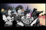  4boys battle_tendency castle chongmu diamond_wa_kudakenai fingerless_gloves fingernails gloves greyscale_with_colored_background grin higashikata_josuke jojo_no_kimyou_na_bouken jonathan_joestar joseph_joestar joseph_joestar_(young) kujo_jotaro letterboxed male_focus midriff multiple_boys muscular muscular_male phantom_blood pointing pointing_forward pompadour pyramid_(structure) scarf smile stardust_crusaders stone_mask_(jojo) sun utility_pole 