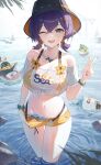  1girl absurdres aqua_eyes avocaboo_(zenless_zone_zero) bangboo_(zenless_zone_zero) battery_indicator belle_(summer_skies)_(zenless_zone_zero) belle_(zenless_zone_zero) bikini bikini_under_shorts blue_hair blush breasts cleavage commentary_request eous_(zenless_zone_zero) highres korean_commentary large_breasts low_twintails navel official_alternate_costume official_alternate_hairstyle open_mouth orange_bikini orange_shorts outdoors see-through_cleavage see-through_clothes see-through_shirt sharkboo_(zenless_zone_zero) shirt short_hair short_twintails shorts smile starfish swimsuit teeth thighs tied_shirt twintails unnunal_(unneonal) upper_teeth_only v viewfinder wading wet white_shirt zenless_zone_zero 