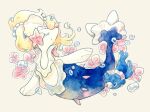  air_bubble alternate_color blonde_hair bubble closed_eyes closed_mouth flower long_hair no_humans non_(kumakawayusu) painting_(medium) pink_flower pokemon pokemon_(creature) popplio primarina shiny_pokemon simple_background smile traditional_media watercolor_(medium) white_background 