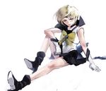  arm_rest back_bow bare_legs bishoujo_senshi_sailor_moon black_footwear black_skirt blonde_hair blue_sailor_collar boots bow brooch circlet gloves high_heels imui jewelry platinum_blonde_hair sailor_collar sailor_senshi_uniform sailor_uranus short_hair sitting skirt solo ten'ou_haruka very_short_hair white_background white_gloves yellow_bow 