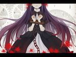  akemi_homura black_hair chain crying dress flower funeral_dress gears head_out_of_frame letterboxed long_hair mahou_shoujo_madoka_magica mahou_shoujo_madoka_magica_movie plipa simple_background solo spider_lily spoilers stocks 