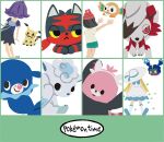  3girls :&lt; acerola_(pokemon) alolan_vulpix artist_request bewear black_hair blonde_hair blue_eyes boots border claws closed_mouth colored_sclera copyright_name cosmog dress english_text flying from_behind grass green_border green_shorts half-closed_eyes hat lillie_(pokemon) litten long_hair lycanroc lycanroc_(midnight) medium_hair mimikyu multiple_girls official_art one_eye_covered outstretched_arms pokemon pokemon_(creature) pokemon_focus pokemon_sm popplio purple_hair reaching red_eyes red_hat red_sclera rowlet second-party_source selene_(pokemon) shirt short_hair short_sleeves shorts simple_background solid_oval_eyes standing sun_hat white_background white_boots white_dress white_hat white_shirt 