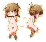  1girl ass blush breasts brown_eyes brown_hair chibi female folded_ponytail gerotan hand_on_own_chest inazuma_(kantai_collection) kantai_collection lying navel nipples nude on_back on_side open_mouth pussy short_hair small_breasts socks solo uncensored 