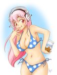  bikini breasts chocolate_chip_cookie cleavage coffeejelly cookie food headphones jar large_breasts licking_lips long_hair navel nitroplus pink_hair polka_dot polka_dot_bikini polka_dot_swimsuit red_eyes smile solo super_sonico swimsuit tongue tongue_out 