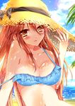  bad_id bad_pixiv_id bariko bikini blush bow breasts brown_eyes brown_hair cleavage fire_emblem fire_emblem:_kakusei hat highres jewelry long_hair looking_at_viewer medium_breasts off_shoulder parted_lips ring solo sun_hat swimsuit tiamo tree very_long_hair water 
