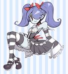  alternate_costume alternate_hairstyle bare_shoulders blue_skin breasts detached_collar detached_sleeves dress frilled_dress frills gothic_lolita hair_over_one_eye hair_ribbon highres inarou_(rakugakiproject) lolita_fashion long_hair long_sleeves purple_hair red_eyes red_ribbon ribbon sideboob skullgirls sleeves_past_wrists small_breasts solo squigly_(skullgirls) stitched_mouth stitches striped striped_background striped_legwear striped_sleeves thighhighs twintails vertical-striped_background vertical_stripes zombie 