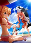  ass barefoot beach bikini blonde_hair blue_eyes camera closed_eyes day highres light_rays long_hair multiple_girls original pink_hair sandals shoes_removed side_ponytail suemizu_yuzuki sunbeam sunlight swimsuit towel twintails 