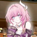  1girl alcohol bare_shoulders blue_eyes champagne champagne_flute chinese_commentary commentary_request cup cyrene_(honkai:_star_rail) dress drinking_glass hair_ornament hand_on_own_cheek hand_on_own_face honkai:_star_rail honkai_(series) indoors jewelry liemengzhihuo looking_at_viewer medium_hair multicolored_hair necklace photo_background pink_hair smile solo two-tone_hair upper_body white_dress white_hair 
