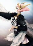  1girl absurdres blue_eyes closed_mouth commentary english_commentary eyelashes feathered_wings from_side gold_trim highres lips max_art149 metaphor:_refantazio mixed-language_commentary multiple_wings pink_hair pink_lips profile rella_(metaphor:_refantazio) short_hair solo white_wings wings 