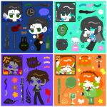  1girl 3boys :&lt; :d ? absurdres adapted_costume anger_vein aqua_background arm_tattoo baseball_bat beer_bottle black_hair black_pants blue_background blue_eyes blue_shirt border bow brown_hair brown_jacket cat chibi collared_shirt dark-skinned_male dark_skin dead_rabbits_(identity)_(project_moon) e.g.o_(project_moon) freckles full_body green_eyes green_jacket green_pants gumball_machine hair_bow hawaiian_shirt heathcliff_(project_moon) high_ponytail highres hong_lu_(project_moon) ishmael_(project_moon) jacket kurokumo_clan_(identity)_(project_moon) limbus_company long_hair looking_at_viewer meursault_(project_moon) multiple_boys multiple_views necktie octopus orange_background orange_hair pants ponytail project_moon purple_background purple_eyes rabbit red_necktie shirt short_hair simple_background slime_(substance) sloshing_(e.g.o) smile standing star_(symbol) tattoo technology_liberation_alliance_(identity)_(project_moon) tingtang_gang_(identity)_(project_moon) white_border white_bow wohaoxuanku 