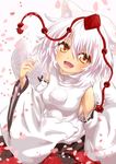  amazu_yoriiti animal_ears bare_shoulders blush breasts detached_sleeves fang happy hat inubashiri_momiji looking_at_viewer open_mouth pom_pom_(clothes) short_hair silver_hair simple_background small_breasts solo tail tokin_hat touhou white_background wolf_ears wolf_tail yellow_eyes 