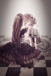  1girl androgynous blonde_hair bonnet brown_hair closed_eyes corset crossdressing dress gothic_lolita hands_on_another's_face highres lips lolita_fashion long_hair original otoko_no_ko shino_(syllable) short_hair sitting translation_request 