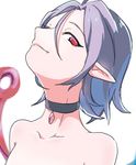  antenna_hair asymmetrical_wings black_hair choker collarbone fang_out houjuu_nue looking_at_viewer looking_to_the_side nude out-of-frame_censoring pointy_ears red_eyes shaft_look short_hair solo touhou toujou_(toujou_ramen) upper_body wings 
