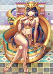  :d arm_support armband blue_hair bracelet breasts cleavage couch crossed_legs egyptian egyptian_clothes eyeliner eyeshadow full_body headdress jewelry large_breasts legs long_hair makeup million_arthur_(series) navel necklace no_legwear official_art open_mouth purple_eyes sandals shiny shiny_skin sitting smile solo toes uraeus very_long_hair 