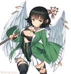  angel_wings black_hair black_legwear breasts bridal_gauntlets cleavage ear_piercing earrings himekiss jewelry large_breasts o-ring piercing simple_background solo staff tatsuwo thighhighs white_background wings zipper 