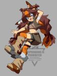  1girl armlet big_hair blue_eyes boomerang boots braid brown_hair brown_vest crop_top cropped_vest fang highres humanization jewelry kamota_(momokomati) long_hair midriff multicolored_hair necklace open_mouth orange_hair shorts shorts_under_skirt sonic_(series) sticks_the_badger twin_braids two-tone_hair very_long_hair vest watermark 