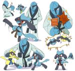  >_< alternate_color anger_vein avocado_539 belt black_belt blue_skin closed_mouth colored_skin commentary dougi fighting food fried_food frown hands_on_own_hips high_kick highres holding holding_board holding_food kicking kneeling multiple_views notice_lines one_eye_closed open_mouth pokemon pokemon_(creature) pokemon_focus red_belt red_eyes riolu sausage sawk shiny_pokemon simple_background smile sparkle standing symbol-only_commentary white_background 