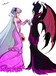  1girl bad_id bad_pixiv_id bat_wings black_dress black_wedding_dress bouquet bridal_veil choker claude_frollo closed_eyes crossdressing disney dress eyeshadow flower gloves green_skin hair_flower hair_ornament hairband holding_hands horns makeup maleficent marimo_(yousei_ranbu) one_man's_dream_ii otoko_no_ko pink_dress pink_gloves pink_wedding_dress short_hair silver_hair sleeping_beauty strapless strapless_dress the_hunchback_of_notre_dame veil wedding_dress wings younger 