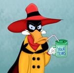  avian bizrat cup darkwing_duck disney drinking duck evil hat humor jacket male mask negaduck sippy_cup smile solo straw tears your_tears 