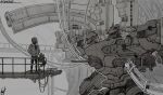  1boy 1other armored_core armored_core_vi:_fires_of_rubicon artist_name bomber_jacket cable english_commentary ginseng_(xin) glowing glowing_eye greyscale hands_in_pockets hangar helmet indoors jacket mecha mecha_focus mecha_pilot_suit monochrome nightfall_(armored_core_vi) railing red_eyes robot science_fiction signature spot_color standing twitter_username 